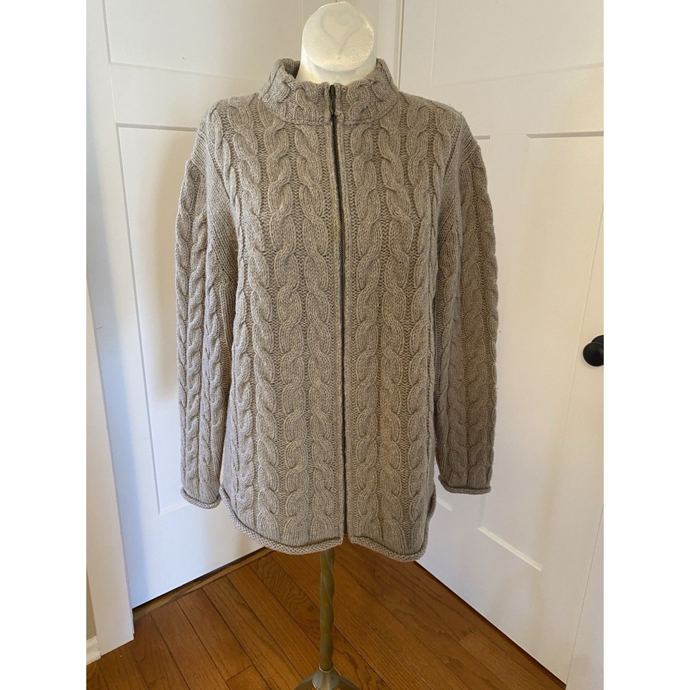 Irelands Eye Cardigan Sweater Womens M Cable Knit Fisherman Wool Full Zip Tan